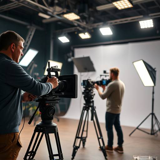 Equipo de filmación de Lumina Films grabando una escena en un estudio.